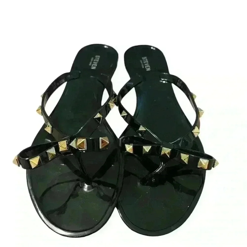 Steve Madden Deena Women's Jelly Flat Studded Sandals Flip Flops NWB Black